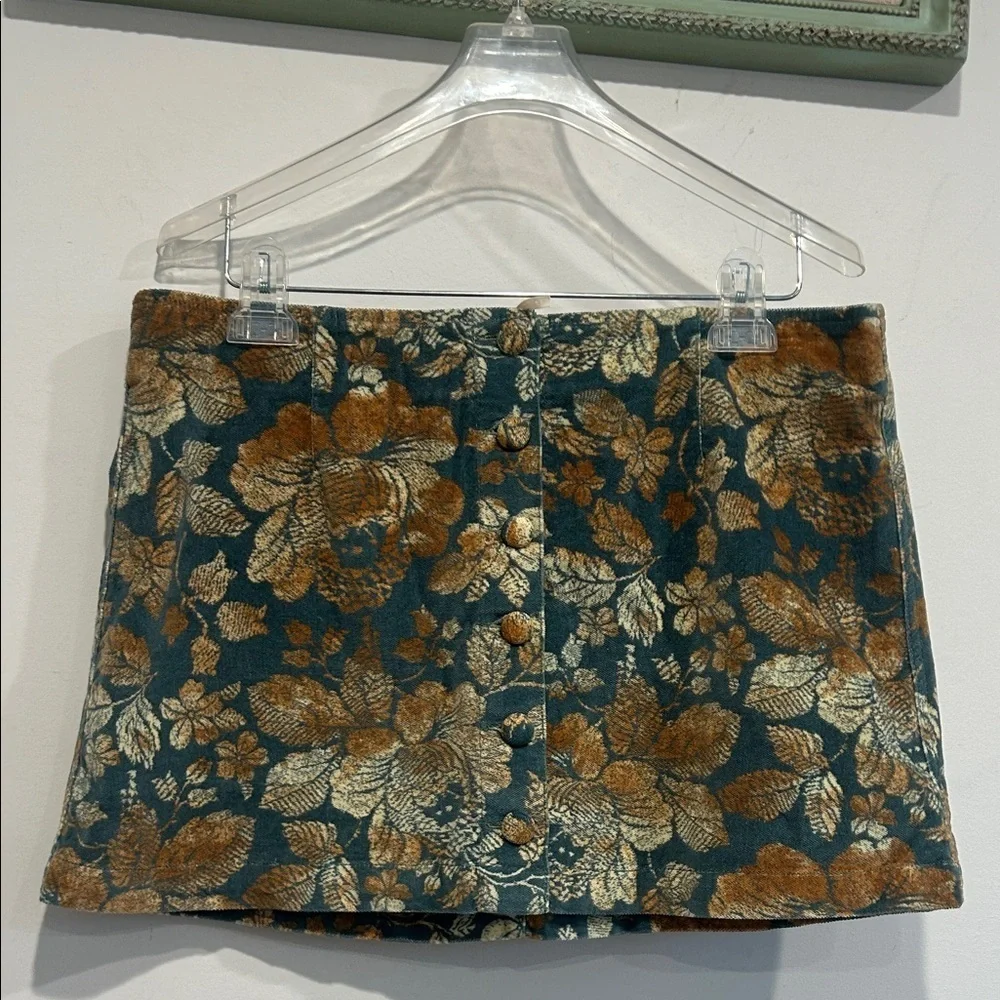 Free People Velvet Emerald Gold Floral button front Mini Skirt size 12 women’s